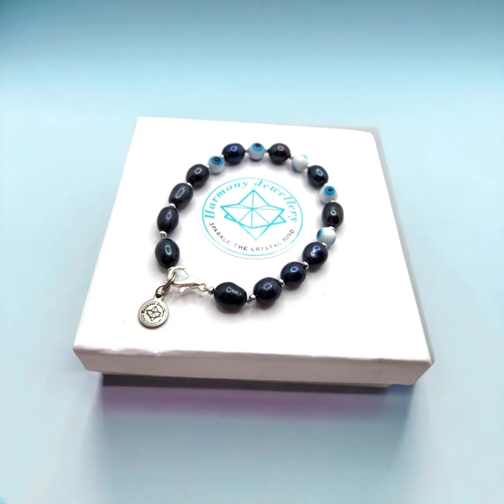 Black Freshwater Pearl, Evil Eye, Harmony charm clasp bracelet